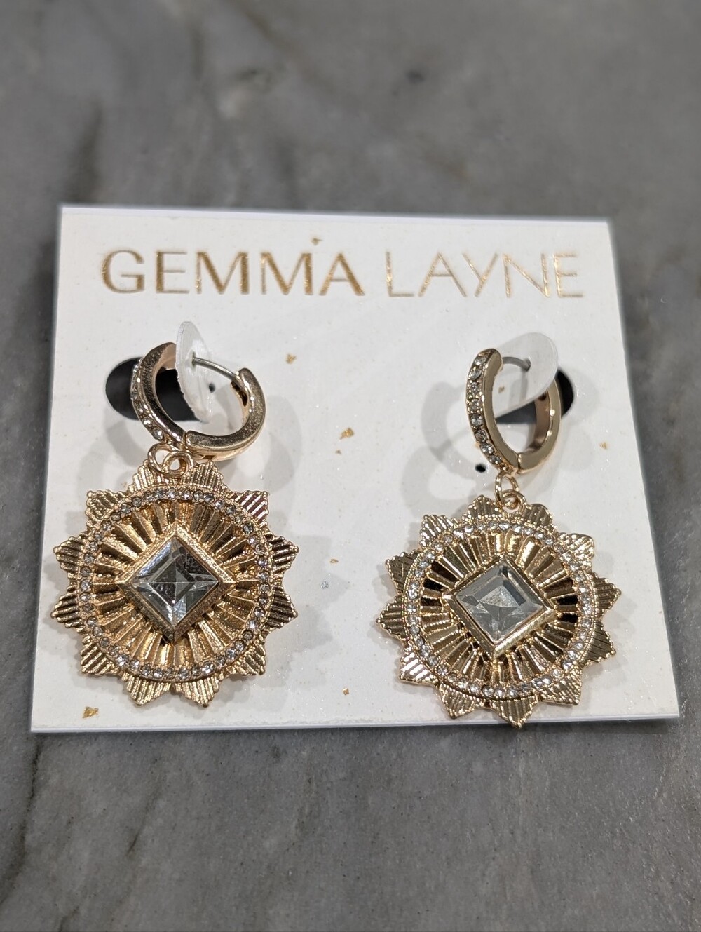 NWT Gemma Layne Gold Sunburst Drop Earrings with Clear Crystal